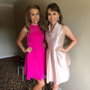 Light pink, ruffled neck silk pageant interview